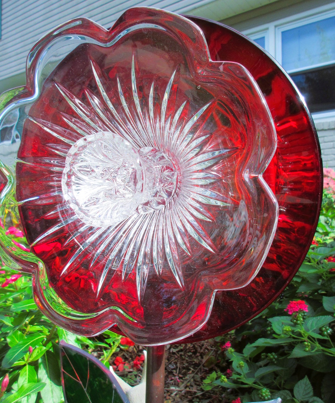 Red and Clear Glass Garden Art Flower Yard Art Garden Ornament Upcycled