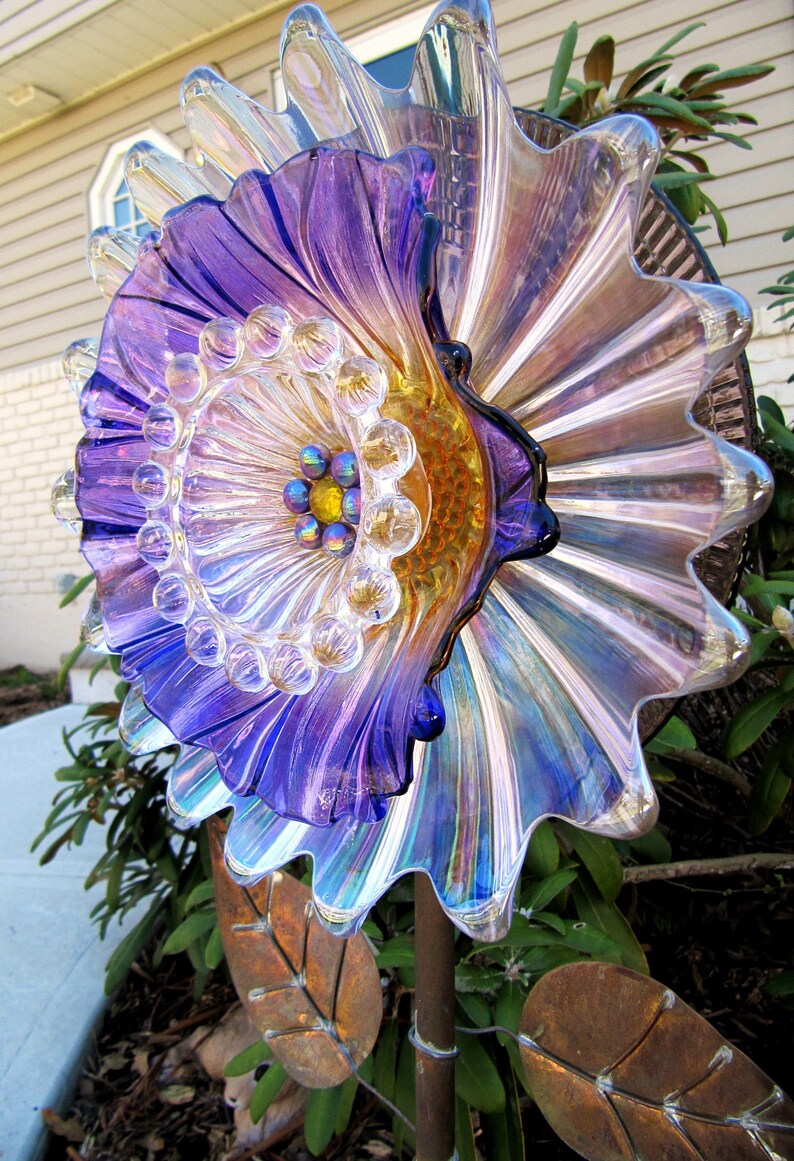 Vintage glass plate flower upcycled glass art plate flowers Etsy