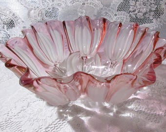 Mikasa Walther Glass Serving Bowl, Crystal Satin Red Edge, German Vintage Centerpiece