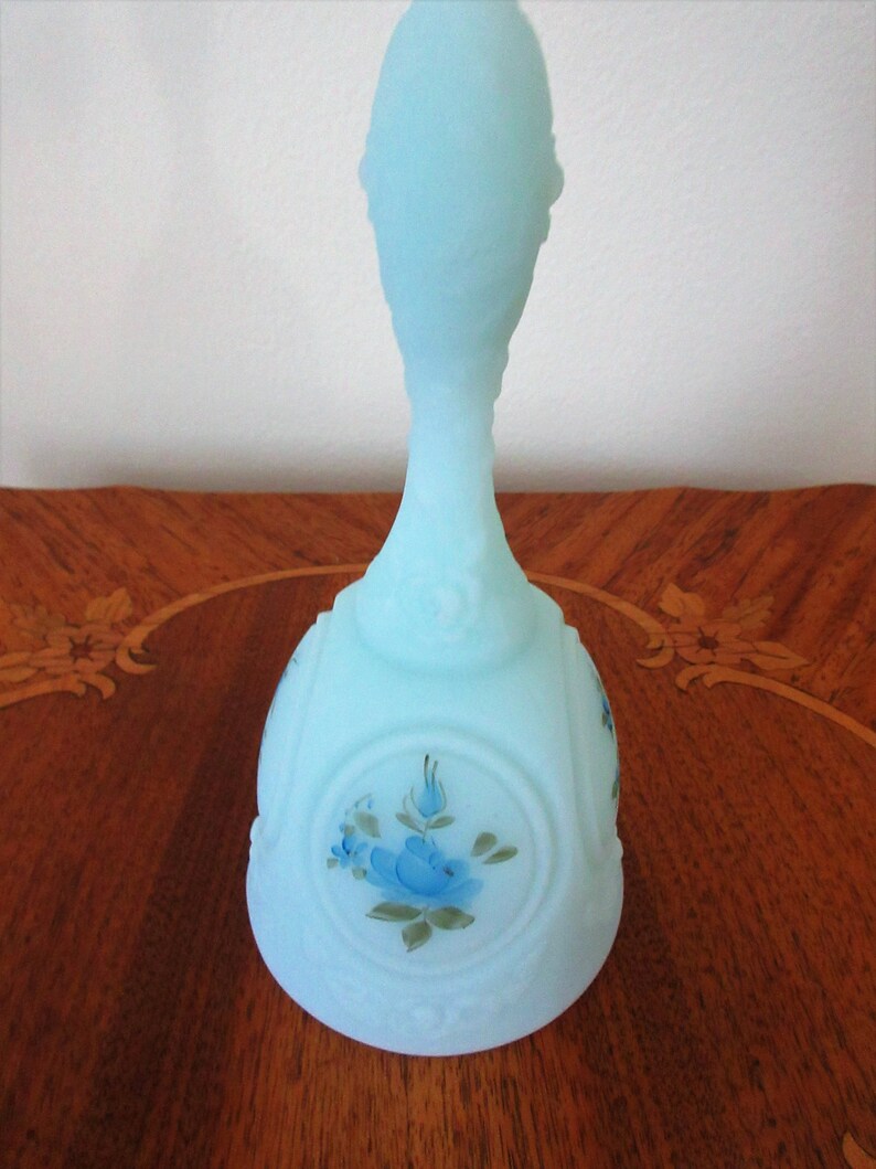 Bells Fenton satin glass hand painted blue handled bell Etsy