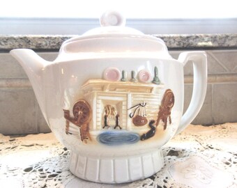 Vintage Porcelier Teapot: 1930s Hearth Scene, USA Made