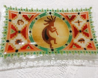 Peggy Karr fused art glass tray, Southwest design Kokopelli playing flute dresser tray