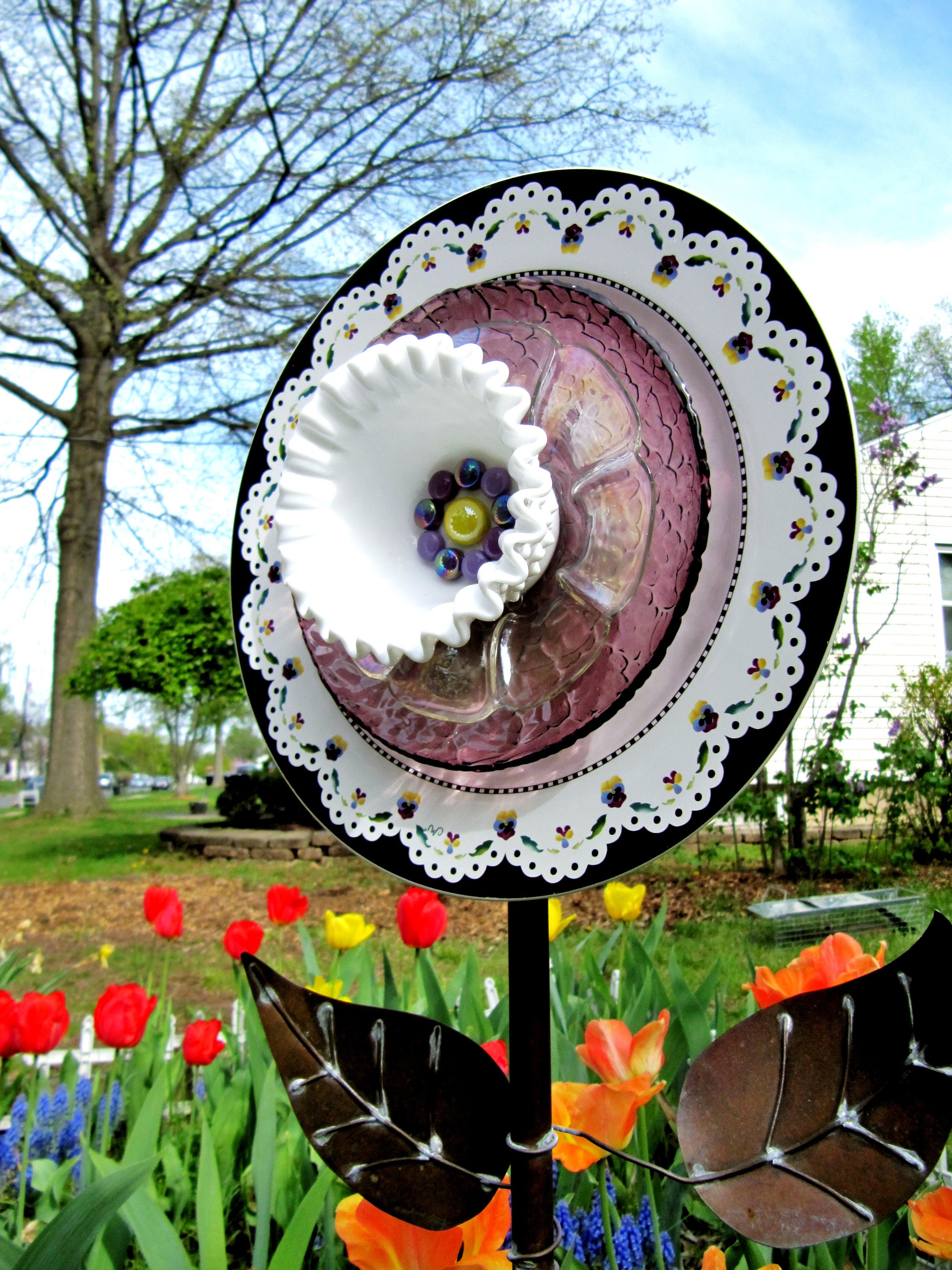 Glass garden flower outdoor decor yard art handmade plate Etsy