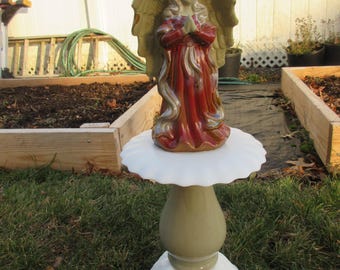 Upcycled Angel Garden Art Totem: Repurposed Glass & Ceramic Statue
