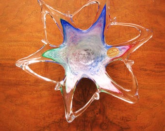 Murano art glass accent piece, candy dish original gold label, multicolor, star shaped, vintage