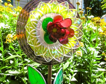 Glass Garden Art Flower, Purple Green Clear Colors, Upcycled Vintage Pieces, 11 Inch Ornament