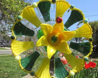 Glass garden art flower, vintage glass upcycled, hand painted green, yellow outdoor accents