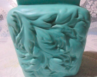 Royal Haeger vintage pottery, midcentury vase, rectangular shaped, leaves motif high relief aqua