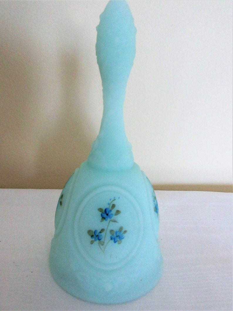 Bells Fenton satin glass hand painted blue handled bell Etsy