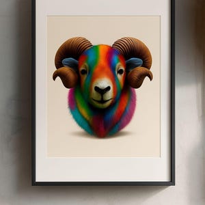 May include: A framed art print featuring a colorful ram's head. The ram's fur is a vibrant mix of rainbow colors, with brown horns and a black frame. The artwork is set against a cream-colored background.