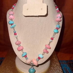 Pink and Blue Agate Pendant Necklace