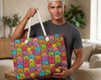 Bolso de fin de semana con estampado de gato estilo Pop Art colorido / Bolso de mano con gatito adorable