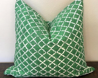Hand Block Printed Green Pillow Cover, 20x20 Cotton Cushion