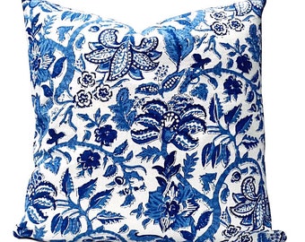 Blått blommigt örngott, handtryckt bomullskudde, 20x20