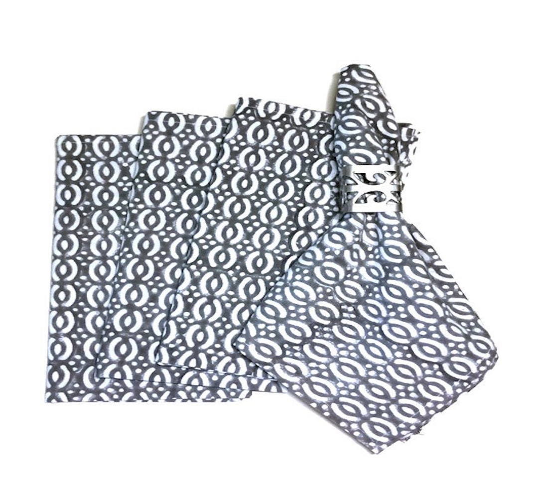 Grey Dinner Napkins / Reusable Napkins/ Handblock Printed/ Etsy
