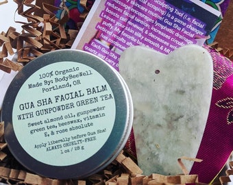 Gua Sha Facial Kit, Jade Gua Sha Stone, Green Tea Facial Balm, Cruelty-Free Beauty, Facial Care, Facial Massage, Facial Scraping, Self Care!