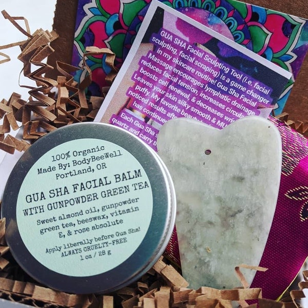 Gua Sha Facial Kit, Jade Gua Sha Stone, Green Tea Facial Balm, Cruelty-Free Beauty, Facial Care, Facial Massage, Facial Scraping, Self Care!