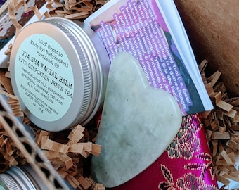 Kit facial Gua Sha, pedra de jade Gua Sha, bálsamo facial de chá verde, beleza sem crueldade, cuidados faciais, massagem facial, raspagem facial, autocuidado!