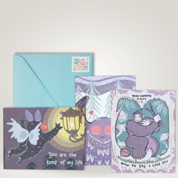 Mothman & Bigfoot Postcard Set, 3 Cryptid Valentine Postcards, Mini Prints, Monster, Wall Art, Small Gift, Greeting Cards