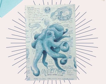 Octopus Cryptid Postcard, Aquatic Mini Print, Animal Wall Art, Small Gift, and Greeting Card