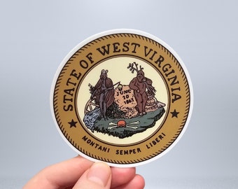 WV Cryptid State Seal Sticker - Water, Sun, and Scratch Resistant, Circle Vinyl