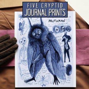 Mothman and Cryptid Journal Sketch | Bigfoot, Cattawampus, Snarly Yow, Pokim | Field Guide Print Collection