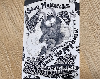 Save the Mothman, Save the Monarchs Cryptid Postcard & Mini Print