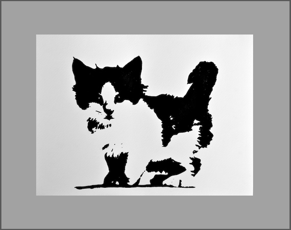 Peinture De Chat Chaton Noir Et Blanc Peinture Originale Etsy
