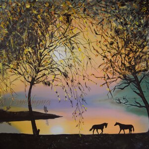 Landscape with horses,Animal paintings,Oil on Canvas Painting, Original and Handmade Art,  19.7 x 27.6 in