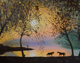 Landscape with horses,Animal paintings,Oil on Canvas Painting, Original and Handmade Art,  19.7 x 27.6 in