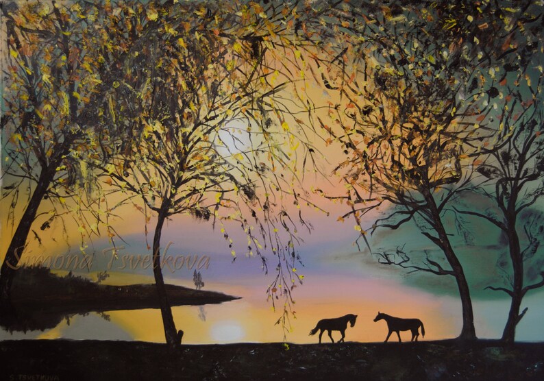 Landscape with horses,Animal paintings,Oil on Canvas Painting, Original and Handmade Art, 19.7 x 27.6 in image 1