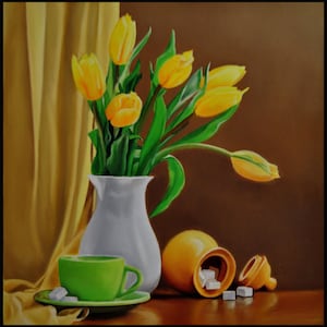 Still Life With a Cup of Tea, Tulips Painting, Vase With Flowers, Yellow Tulips, Garden Plants, Realistic Canvas Art, Ready to Hang, Floral