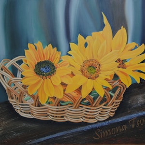 Bunch  of Sunflowers,Original Oil Painting,Still life,Basket with flowers,Realism art,Oil on canvas,Cerificate attached,19.7x27.6in /50x70cm