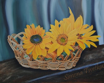 Bunch  of Sunflowers,Original Oil Painting,Still life,Basket with flowers,Realism art,Oil on canvas,Cerificate attached,19.7x27.6in /50x70cm