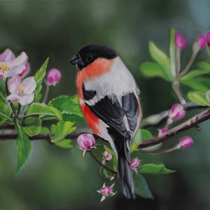 Bird Painting, Blossoming Tree, Realistic Animal Portrait, Wall Art, Canvas Painting, Spring, Cherri Blossom Tree,