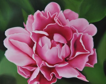Pintura al óleo original de peonías rosas, arte floral realista (30 x 30 cm)