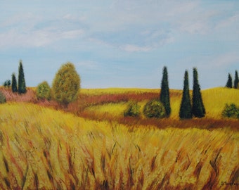 Autumn, Wheatfield painting, Original, Impressionism, Canvas painting, Ready to hang, Trees,Sky, Clouds, Certificate,  15.7 x 21.7 in