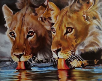 Thirst, Lioness, Water Reflection, River, Abstract, Impressionism, Wild Animal Portrait, Canvas Painting, Ready to hang, Yellow, Blue