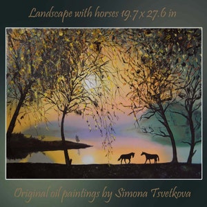 Landscape with horses,Animal paintings,Oil on Canvas Painting, Original and Handmade Art, 19.7 x 27.6 in image 3