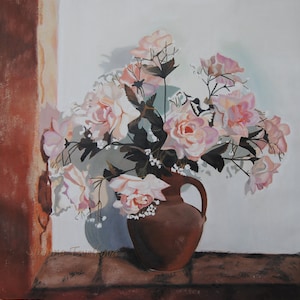 Still life with Roses, Original Oil Painting, Fower painting,  Pink roses, Still life with flowers,Certificate attached, 19.7 x 19.7 in