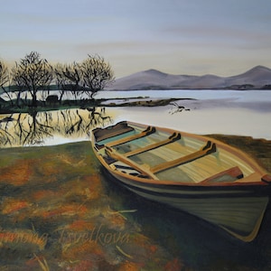 Morning on the lake, Original Oil Paintings, Landscape, Canvas, Realism, Boats painting, Water painting, certificate attached, 13x16.1in