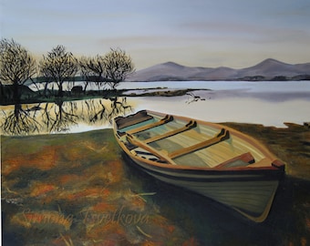 Original Ölgemälde: Morgendliche Seelandschaft mit Boot (33x42 cm)