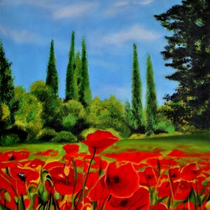 Poppies painting, Flower Art, Tuscany Landscape, Canvas Painting, Meadow Painting, Old  House, Realism, Original art, Certificate attached