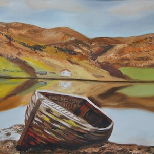 Boat landscape, Original Oil Painting, Abstract painting , Nature, Lake, Water painting, Realism, Water reflection, 15.7 x 21.7 in / 40x55cm