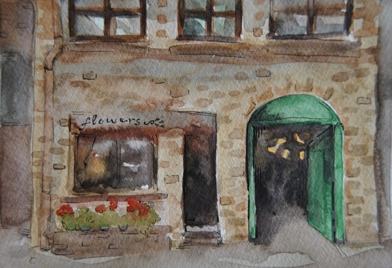 House Drawing Small Shop In Tuscany Flowers Painting Door Etsy