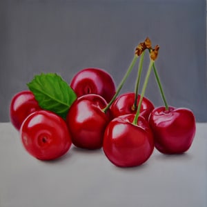 Cherries Painting, Still life,  Fruit Art, Food  painting, Original Oil on Canvas , Realism, Certificate attached, 30x30 cm, 11,8 x 11,8 in