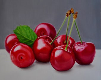 Cherries Painting, Still life,  Fruit Art, Food  painting, Original Oil on Canvas , Realism, Certificate attached, 30x30 cm, 11,8 x 11,8 in