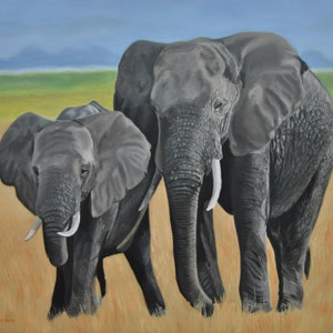 Elephants painting, Canvas painting, Animal painting, Original art, Wild animals, Oil painting, Field, Impressionism,  Safari, 19.7x23.6in