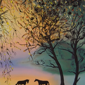 Landscape with horses,Animal paintings,Oil on Canvas Painting, Original and Handmade Art, 19.7 x 27.6 in image 2