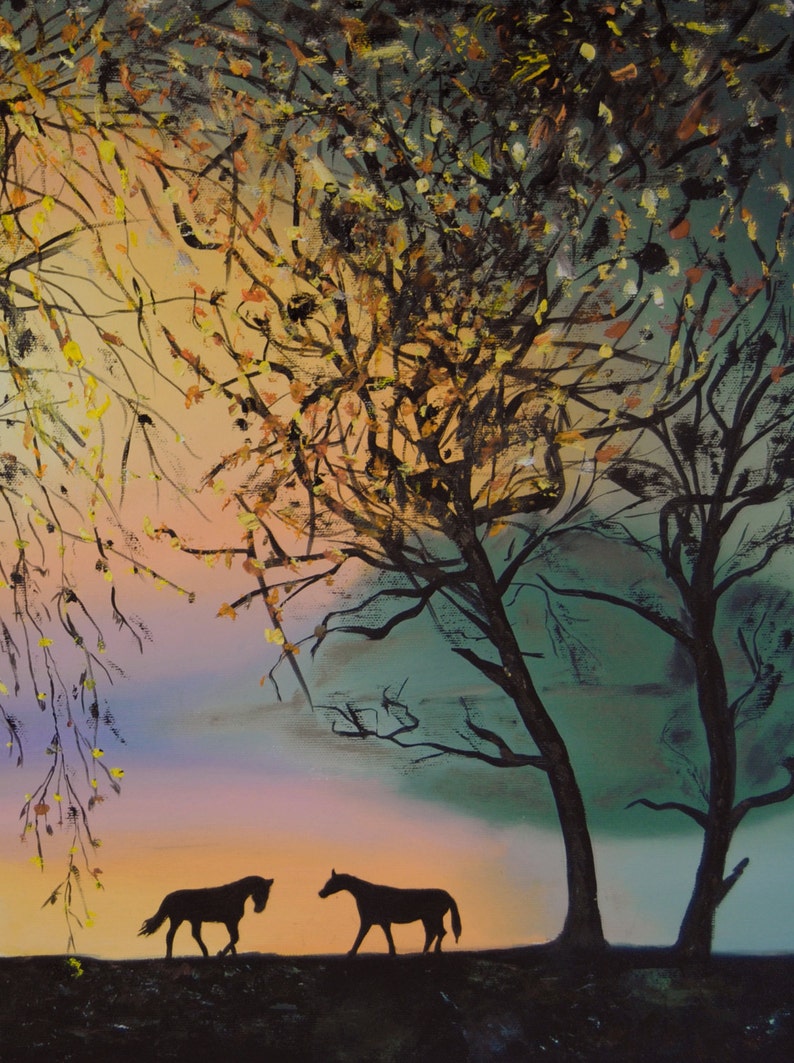 Landscape with horses,Animal paintings,Oil on Canvas Painting, Original and Handmade Art, 19.7 x 27.6 in image 2